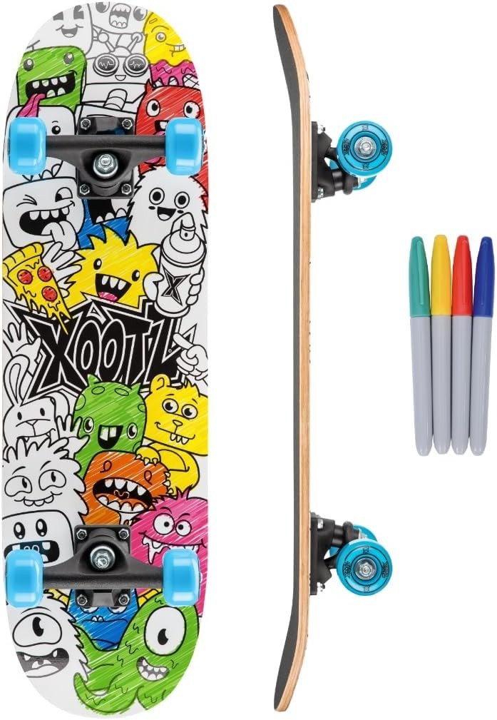 Kids Colour In Skateboard 28" Maple Deck Beginner Double Kick Gift Set
