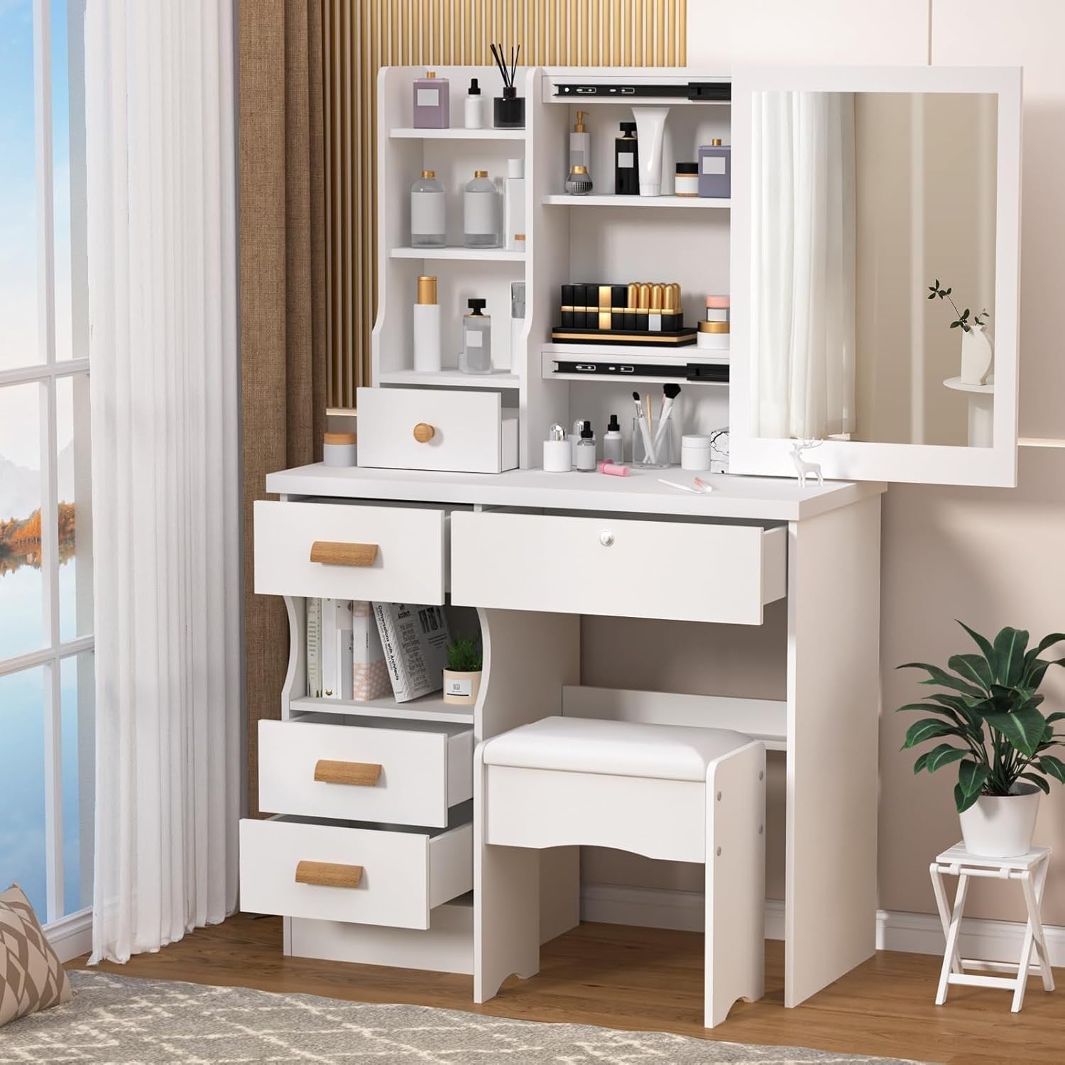 Modern Vanity Dressing Table w/Sliding Mirror 5 Drawers Lockable Storage
