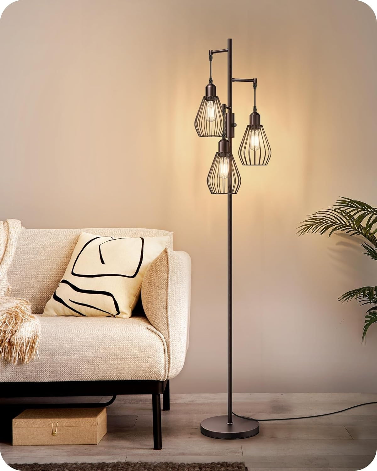 Dimmable Industrial Floor Lamp with Wire Cage Shades & 3 LED Bulbs