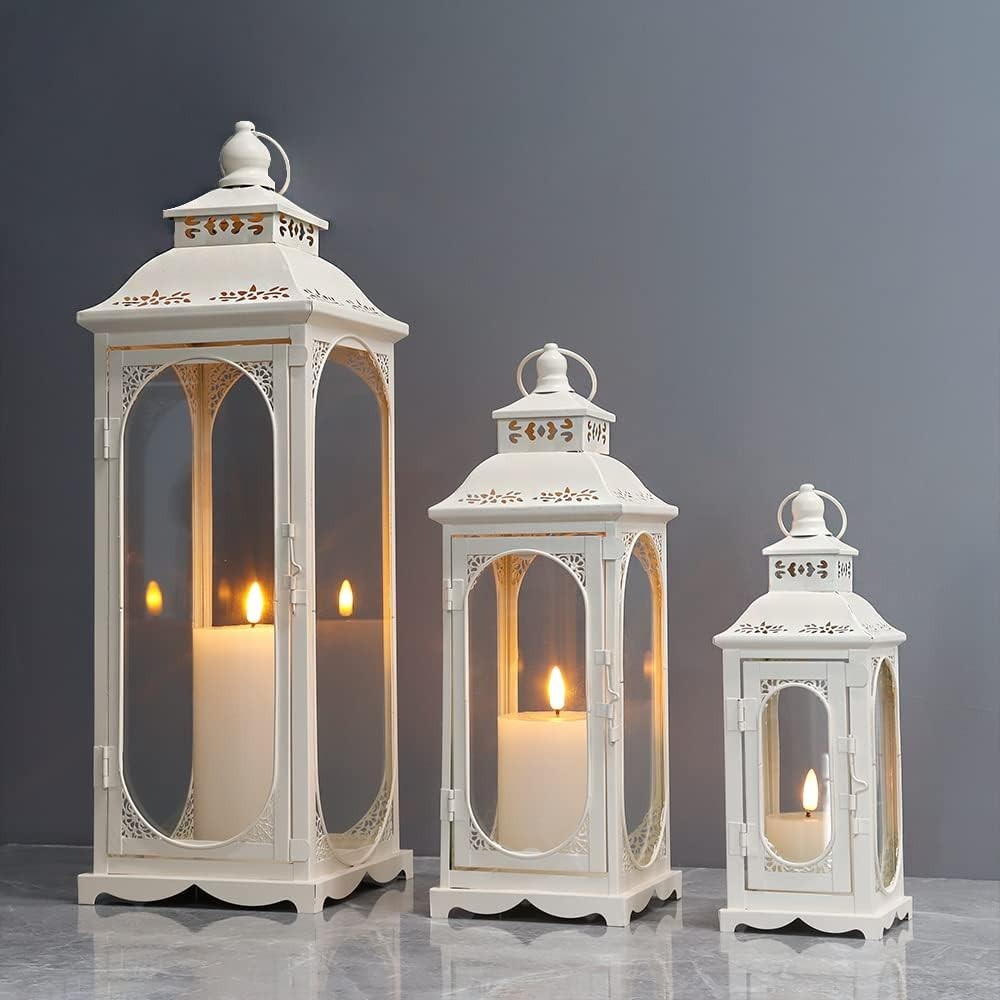 3 Pack Cream White Vintage Metal Candle Lanterns Indoor Outdoor