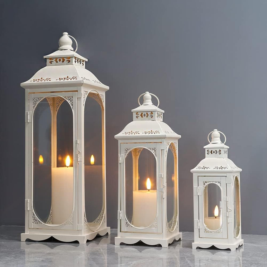 3 Pack Cream White Vintage Metal Candle Lanterns Indoor Outdoor