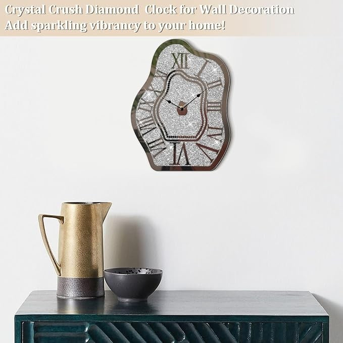 Irregular Crushed Diamond Mirror Wall Clock Silver Crystal Sparkle 40cm Decor