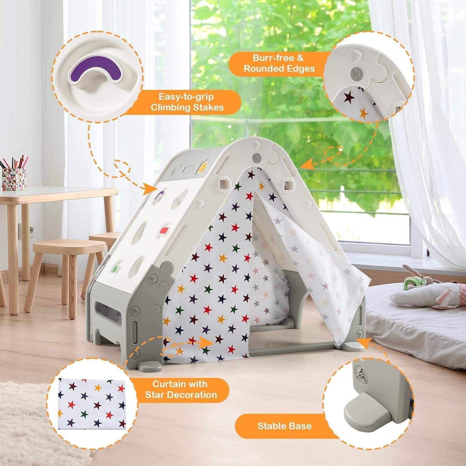 6 in 1 Kids Playhouse Activity Tent w Climbing Wall Hoop Board
