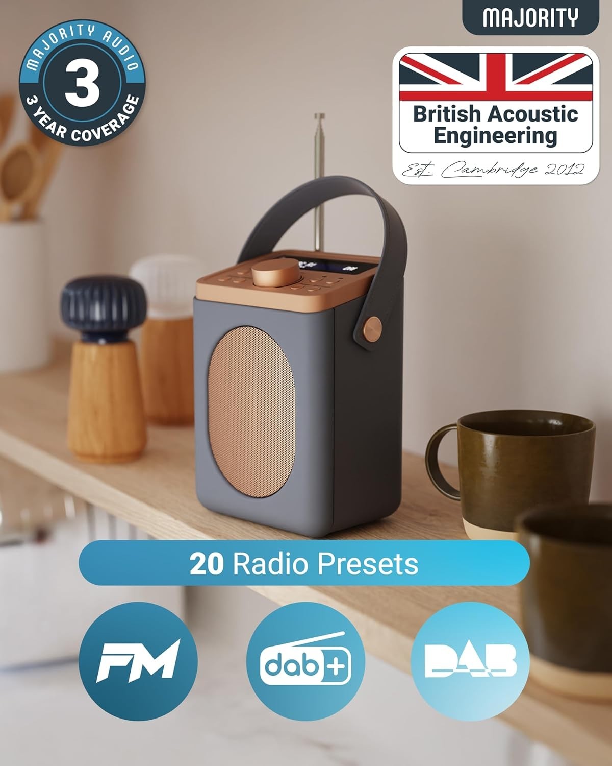 Portable DAB+ FM Radio Bluetooth | 15H Battery | Dual Alarm Grey