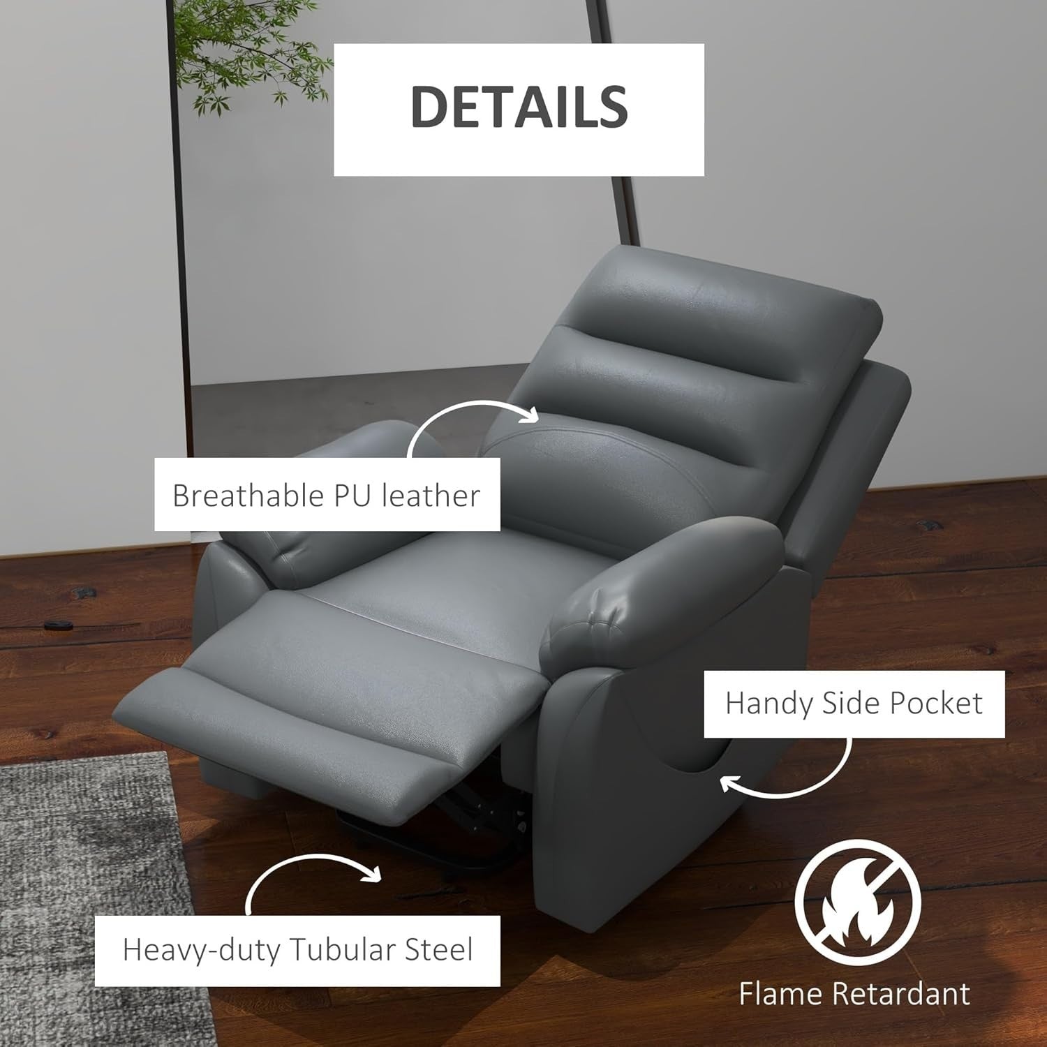 Power Lift Recliner Chair Massage Heat PU Leather 135° Recline w/ Footrest Grey
