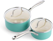2Pcs Turquoise Ceramic Saucepan Set Non Stick 14cm 18cm With Lids Induction Safe