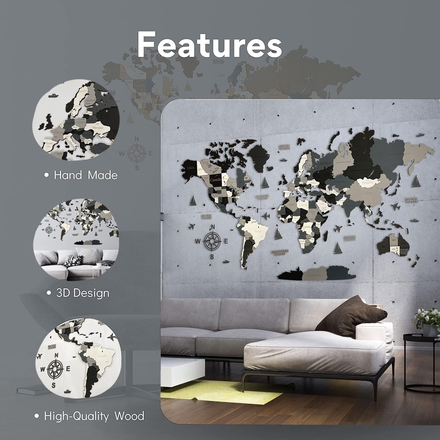 XL 3D Wooden World Map Wall Art Night Travel Decor 213x113cm