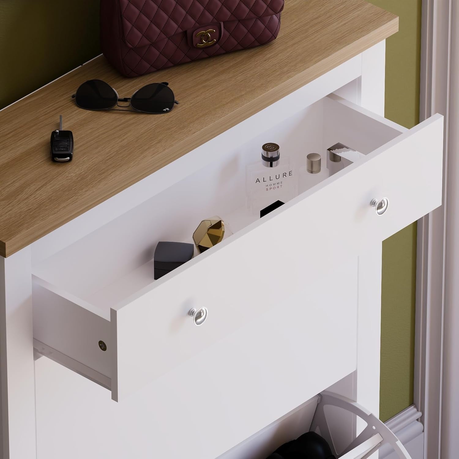 Modern 2-Door Shoe Cabinet with 2 Drawers – Slim White & Oak Storage