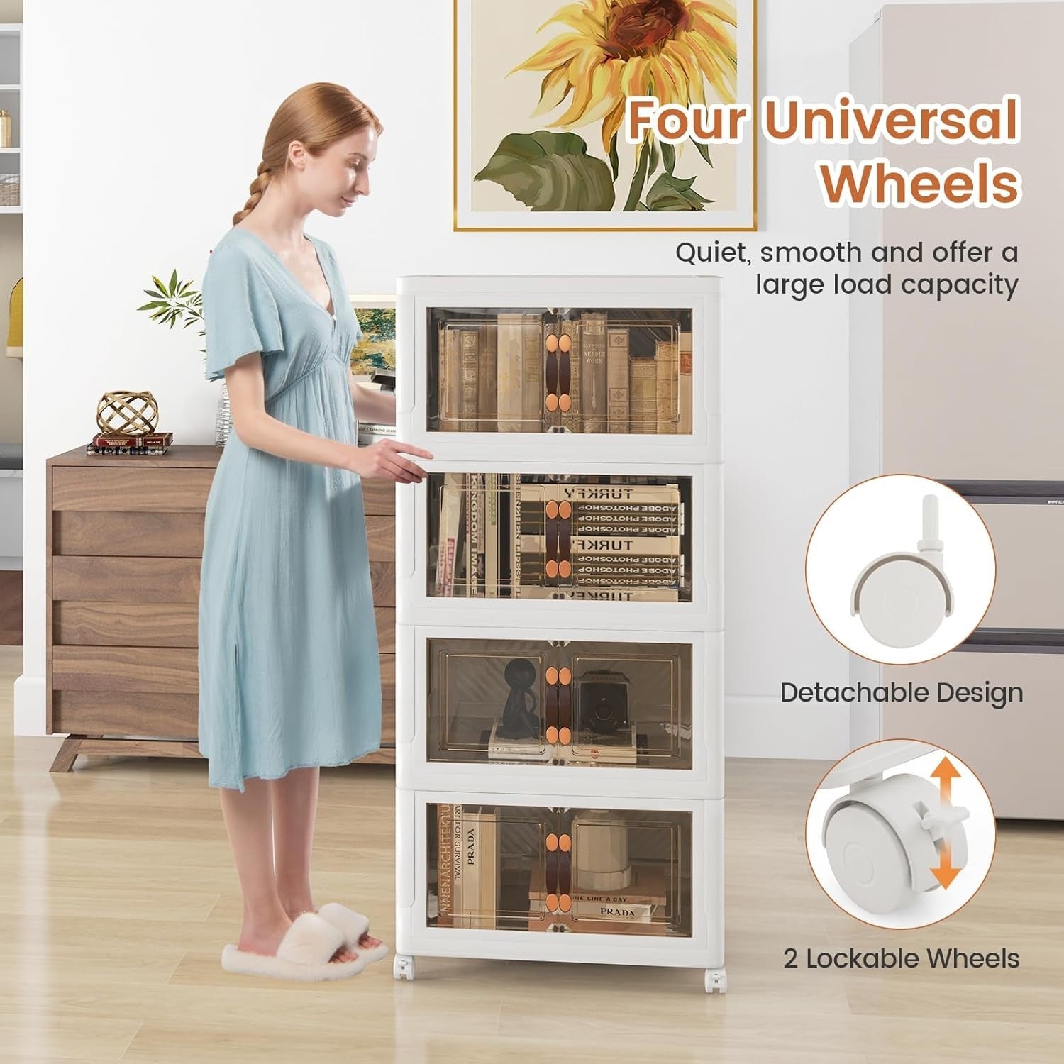 4-Tier Folding Shoe Storage Cabinet with Lockable Wheels & Stackable Bins