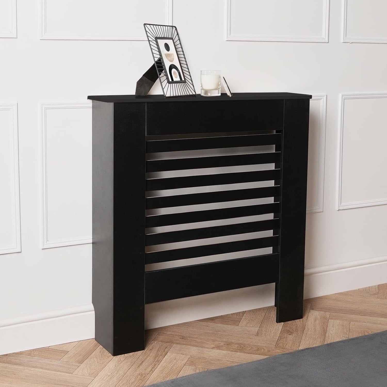 Small Black Slatted Radiator Cover 78x19x82cm – Modern MDF Cabinet