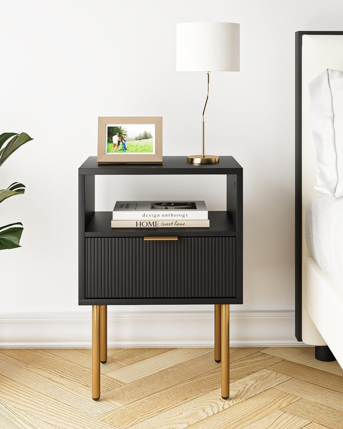 Modern Black Bedside Table with Gold Legs | 1 Drawer Nightstand with Shelf
