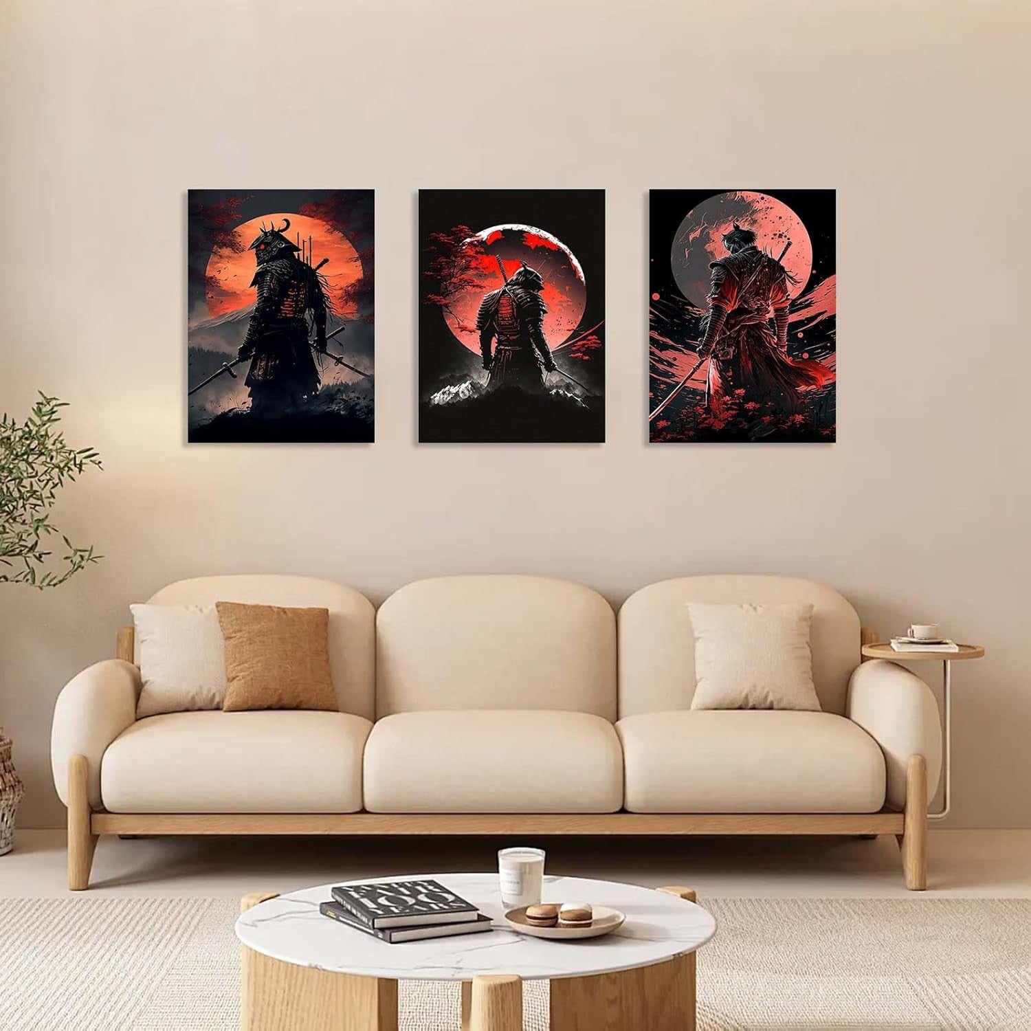 Set of 3 Samurai Warrior Canvas Wall Art 12x16 Framed Japanese Decor