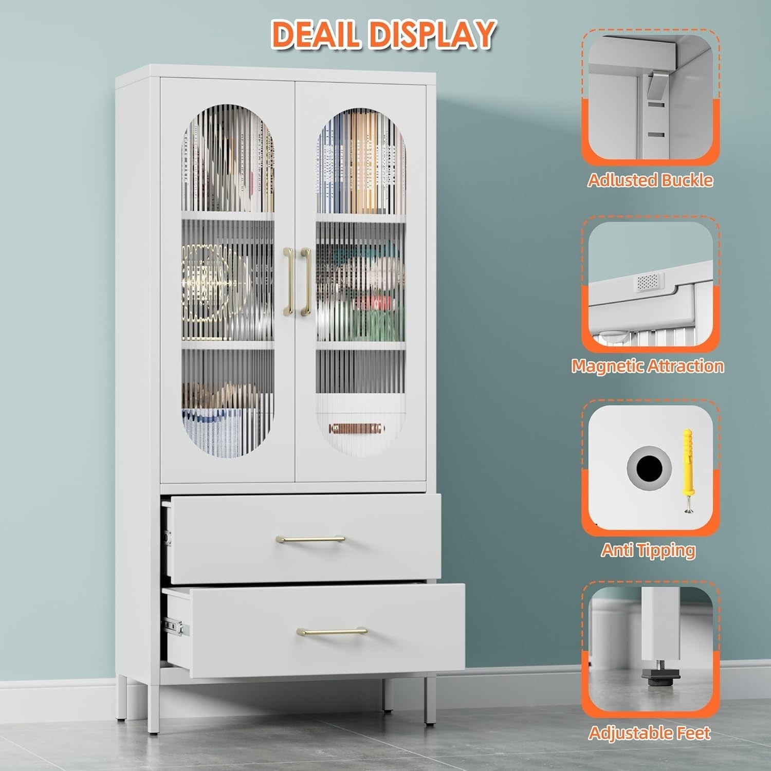 White Metal Office Storage Cabinet 2 Drawers Glass Doors 155H