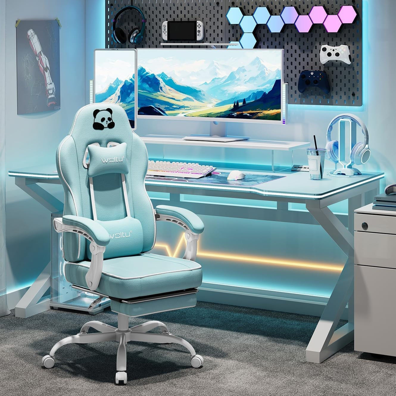 Gaming Chair w/ Pocket Spring Cushion Footrest 150kg Blue