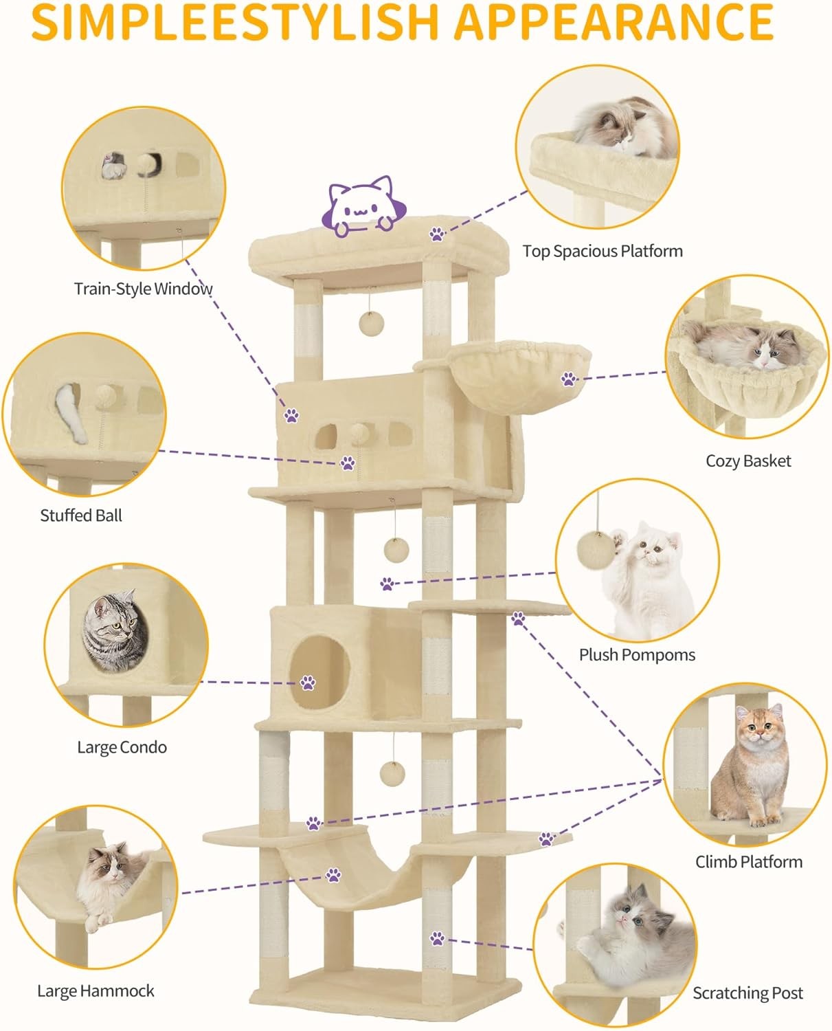 Large Cat Tree 210cm Tall Multi Level Tower with Condo Hammock Scratch Posts