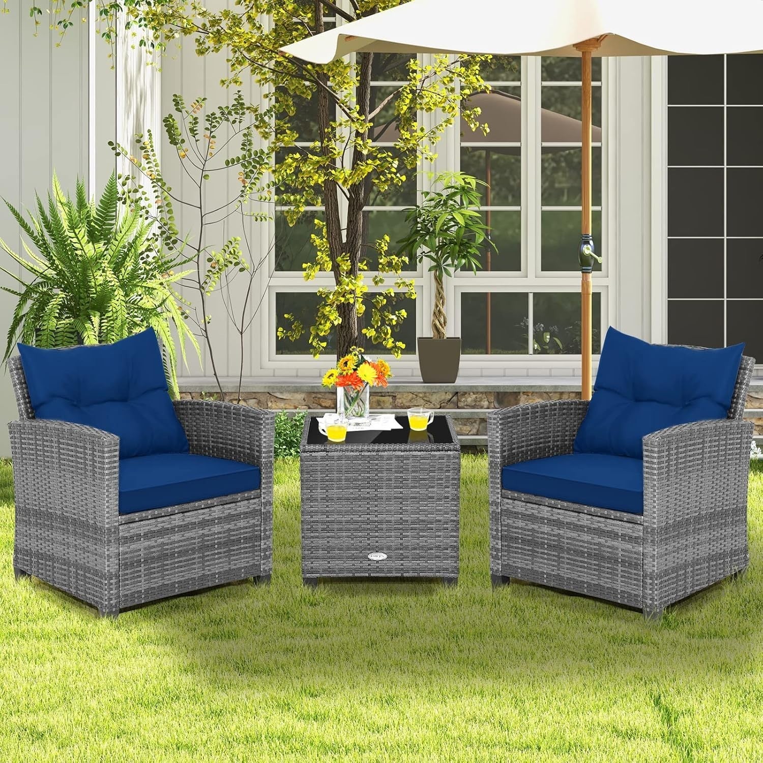 Luxury Rattan Patio Conversation Set Cushioned Chairs Glass Table Garden