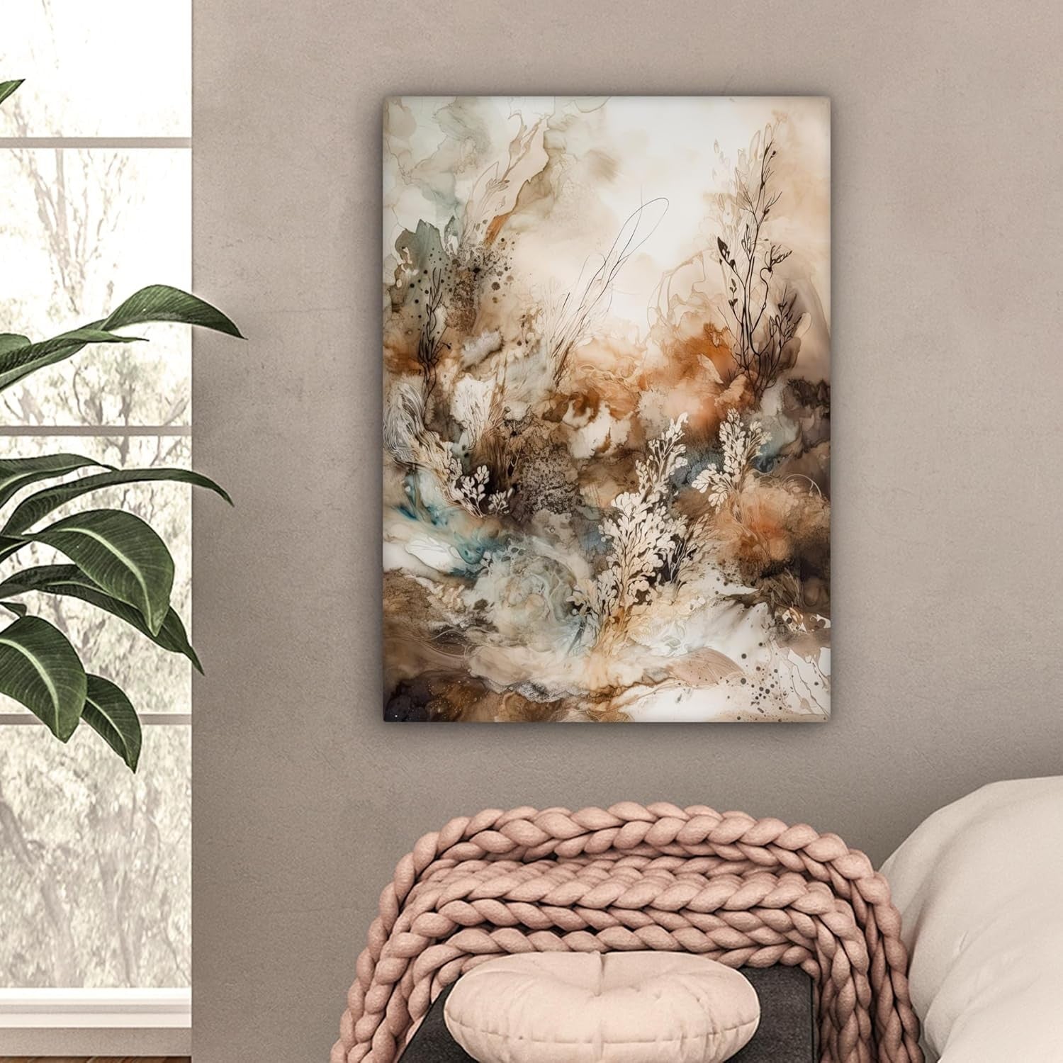 Large Framed Canvas Wall Art 50x70cm Abstract Beige Floral Print