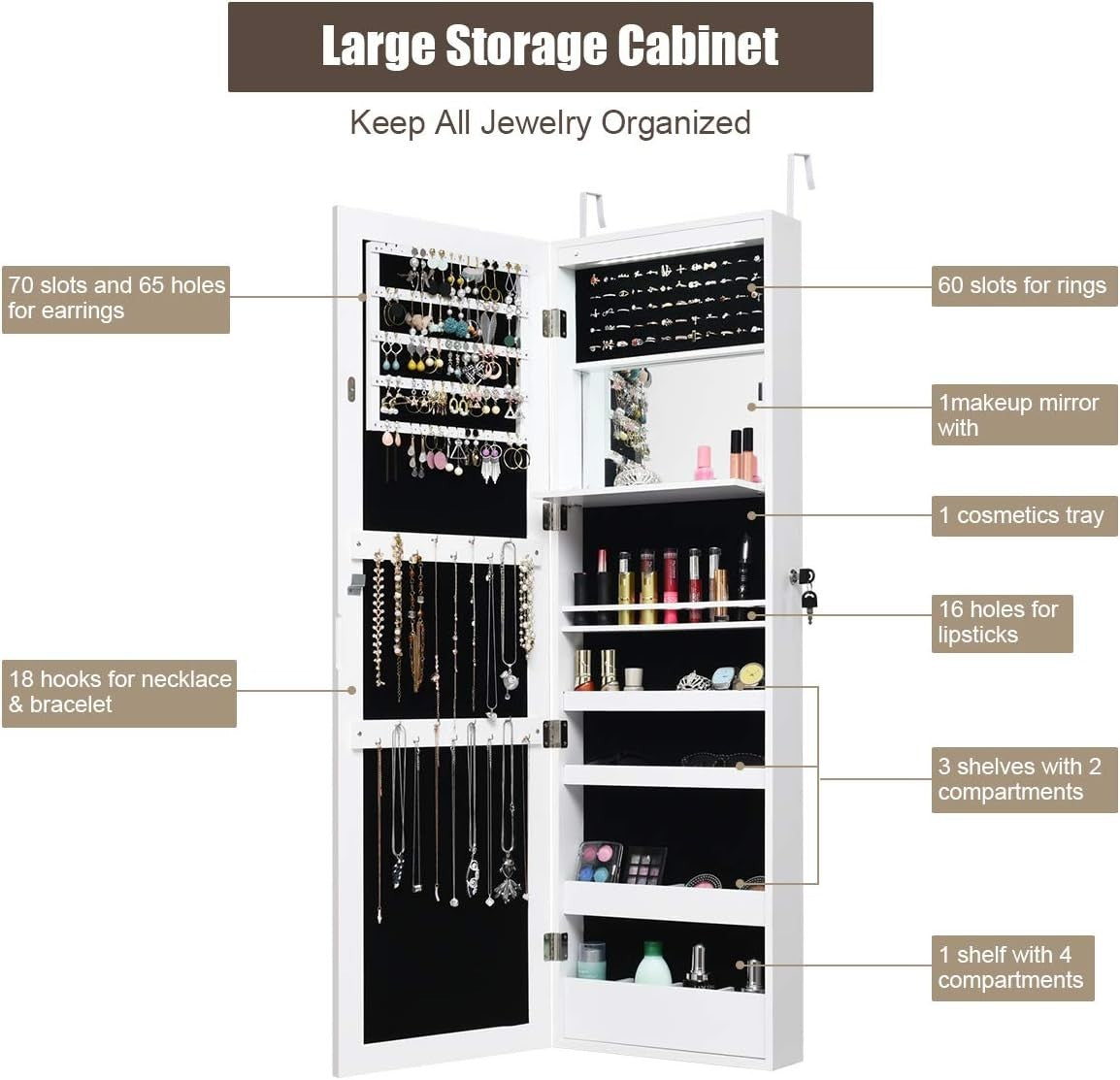 White LED Jewellery Cabinet Wall or Door Mounted Full Length Mirror