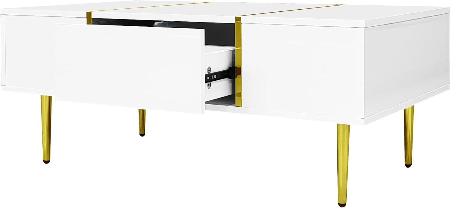 White High-Gloss Coffee Table with Storage Drawers & Gold Accents, 100x60x41cm