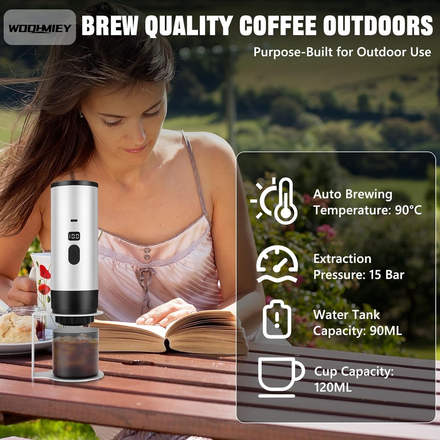 Portable Self-Heating Espresso Maker 15Bar Travel Capsule & Ground Coffee