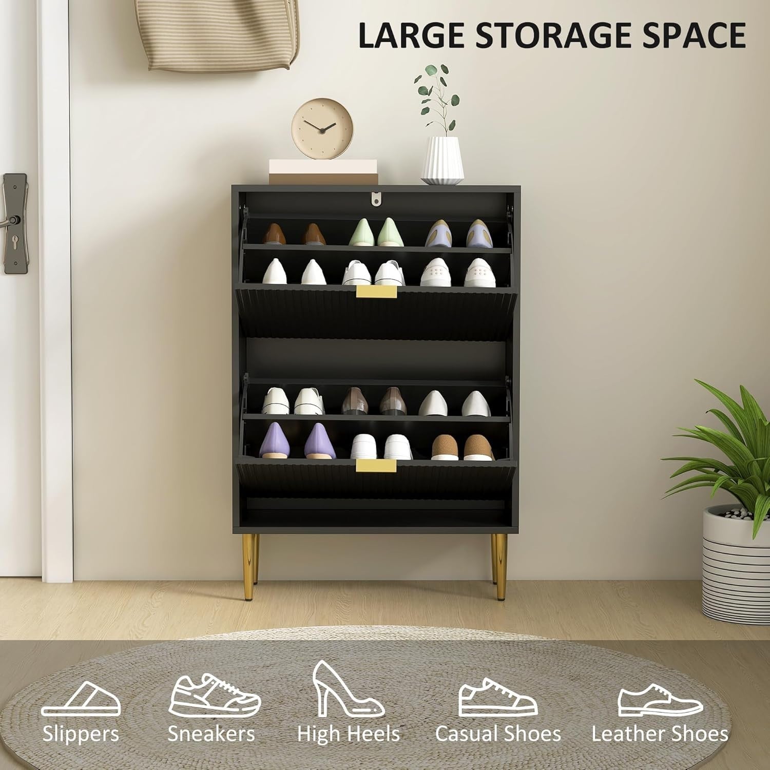 Slim Black Shoe Cabinet 2 Flip Drawers Narrow Hallway Storage Unit 60x24x91.5cm