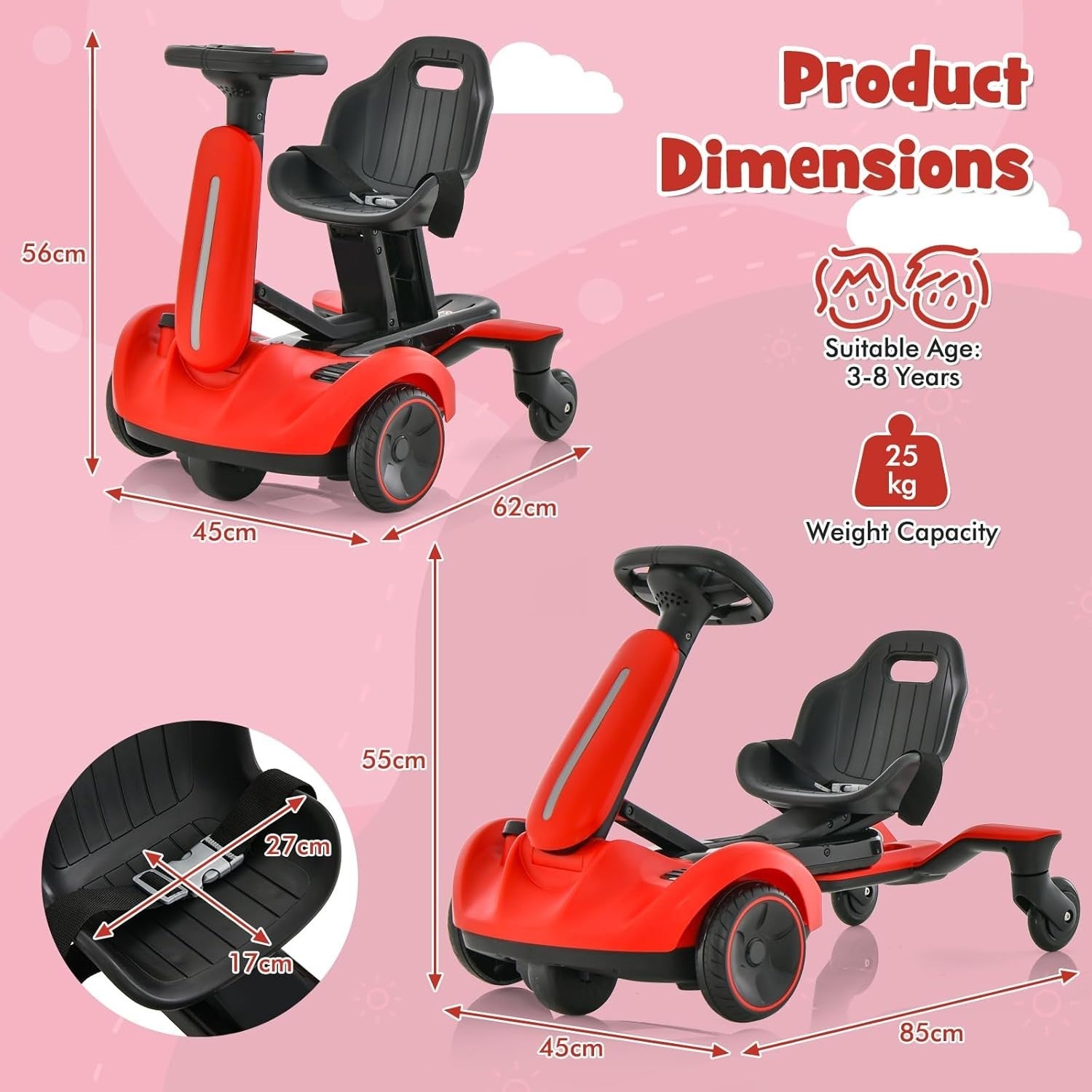 Kids Electric Drift Go Kart 6V Ride On Car 360 Spin Adjustable Seat Red