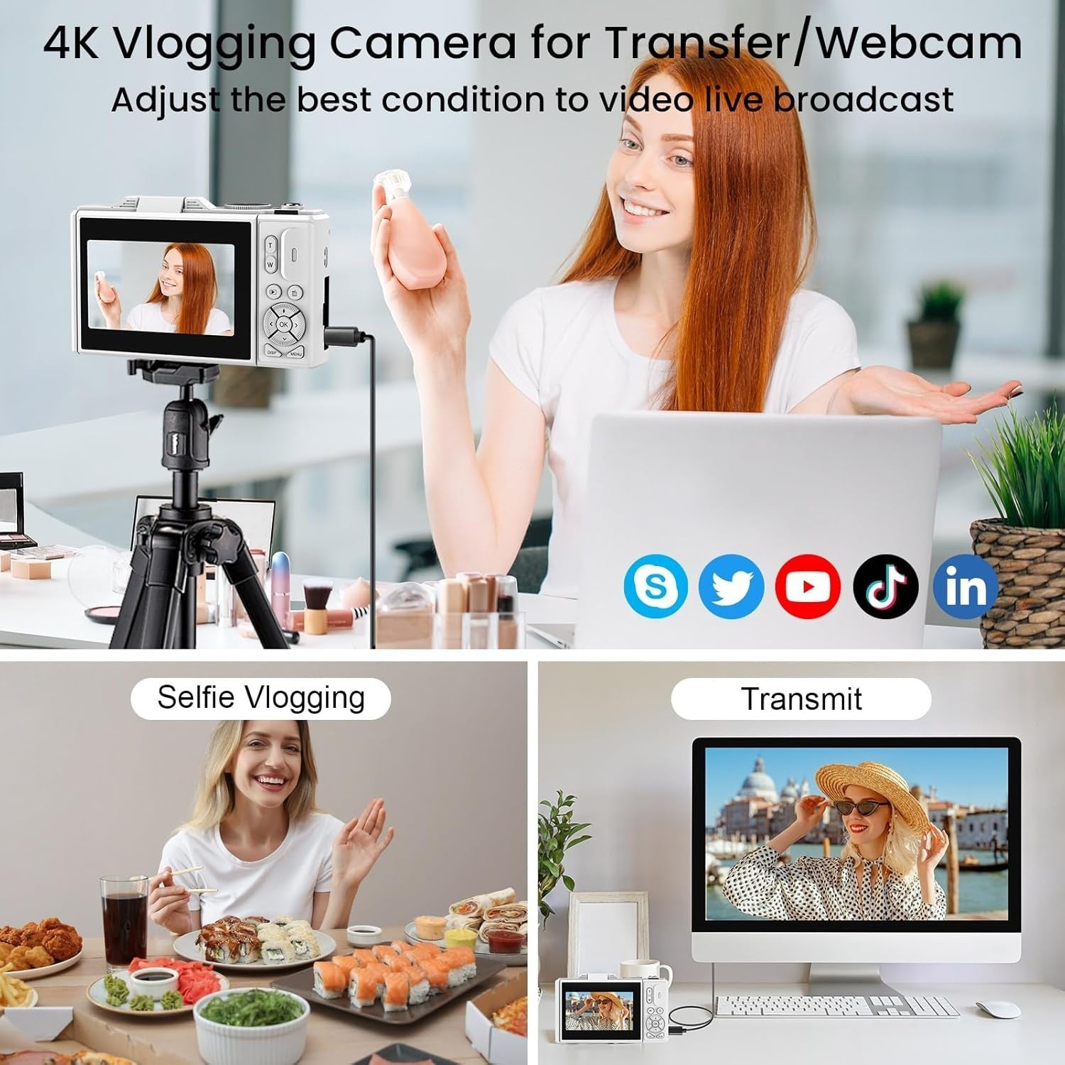 5K 75MP Vlogging Camera WiFi Flip Screen Zoom Camera White 64GB