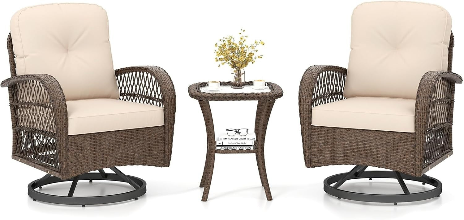 360° Rattan Swivel Rocker Chairs Set w/ Cushions & Table Outdoor Patio