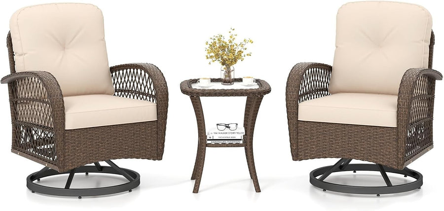 360° Rattan Swivel Rocker Chairs Set w/ Cushions & Table Outdoor Patio