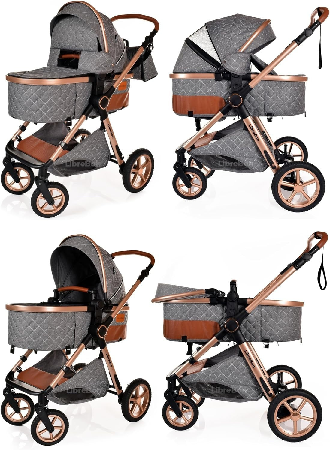 Luxury 3in1 Baby Pram Pushchair Car Seat Foldable Rose Gold Grey