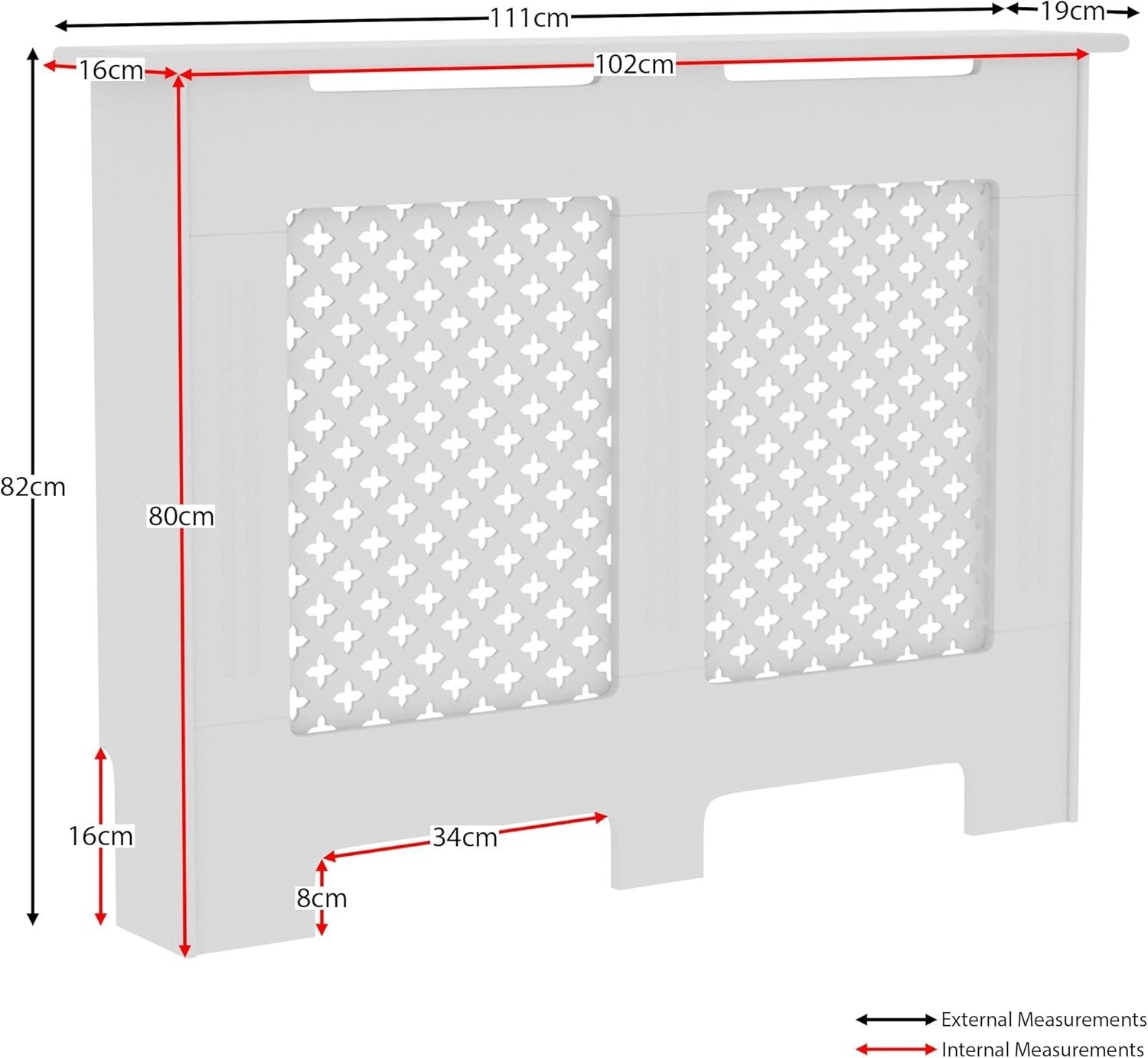 Medium White Radiator Cover 82x111x19cm Cross Pattern MDF Modern Heating Cabinet