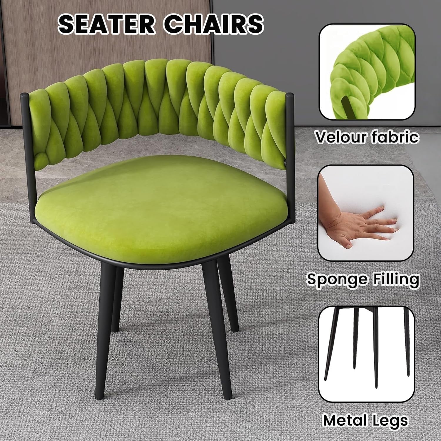 Square Marble Dining Table & 4 Velvet Chairs Set Grey Green Space-Saving