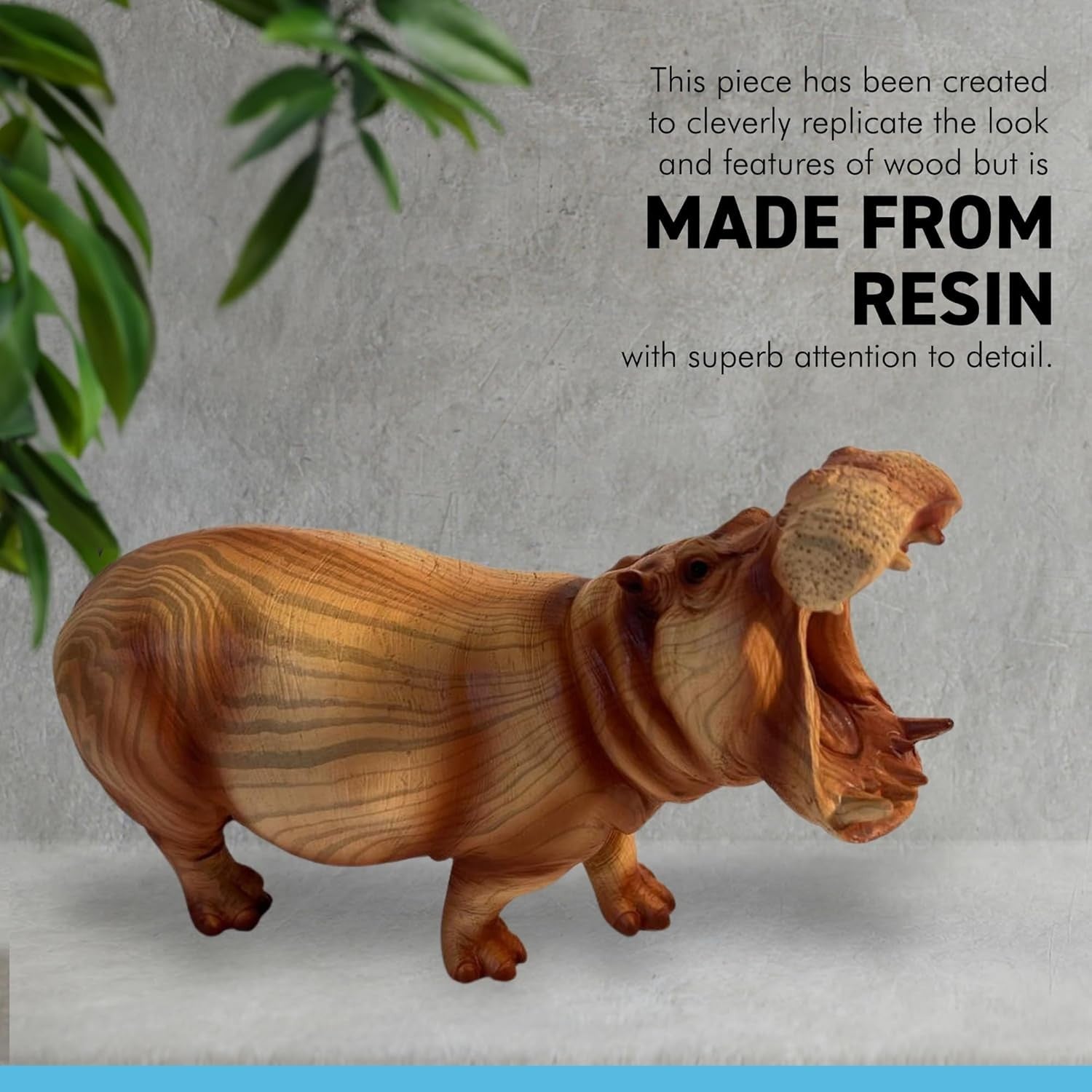 Wood-Effect Hippo Ornament 22cm | Open-Mouth Wildlife Sculpture | Rustic Animal