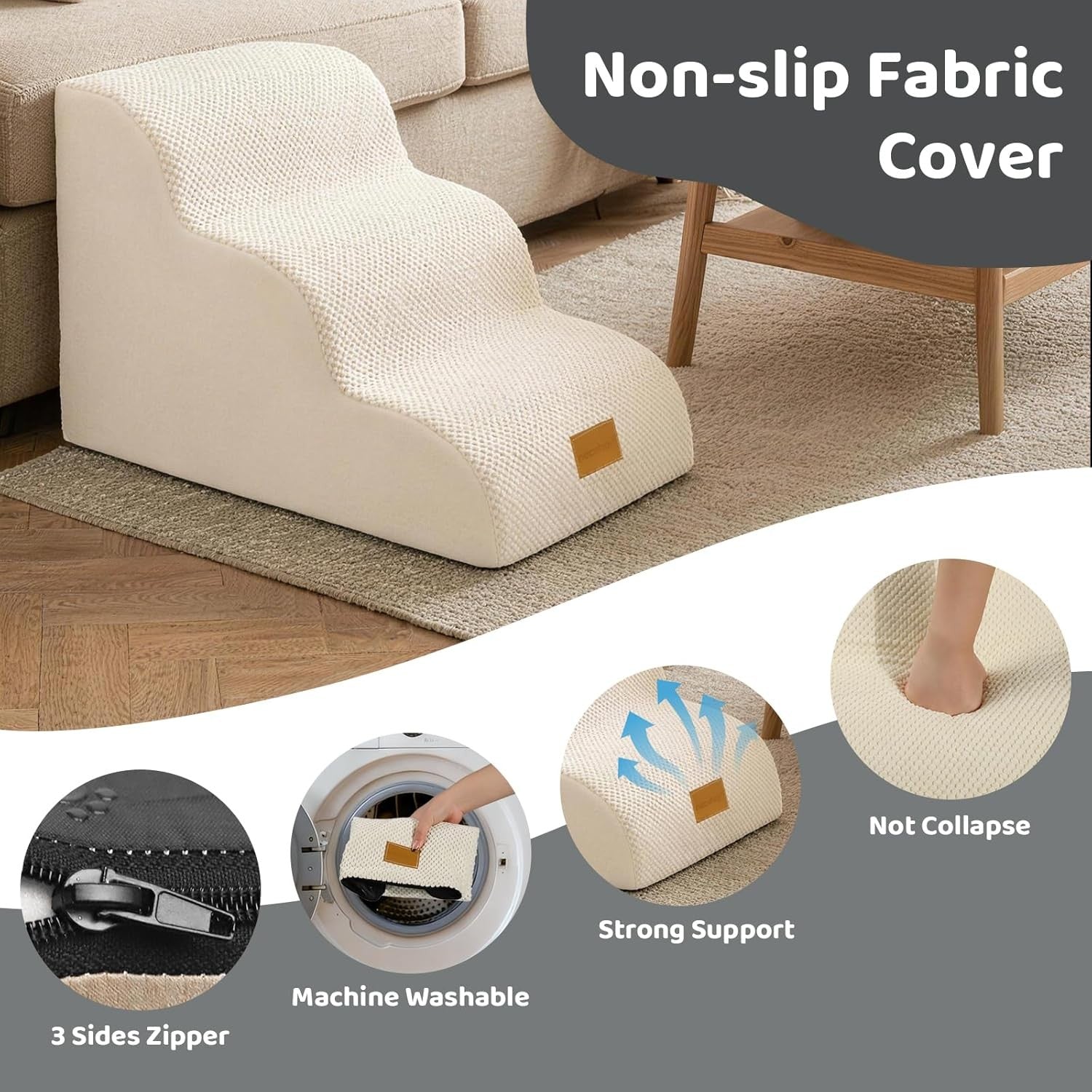 Dog Steps for Bed 3-Step Non-Slip Pet Stairs Ladder Foam Ramp with Plush Cover