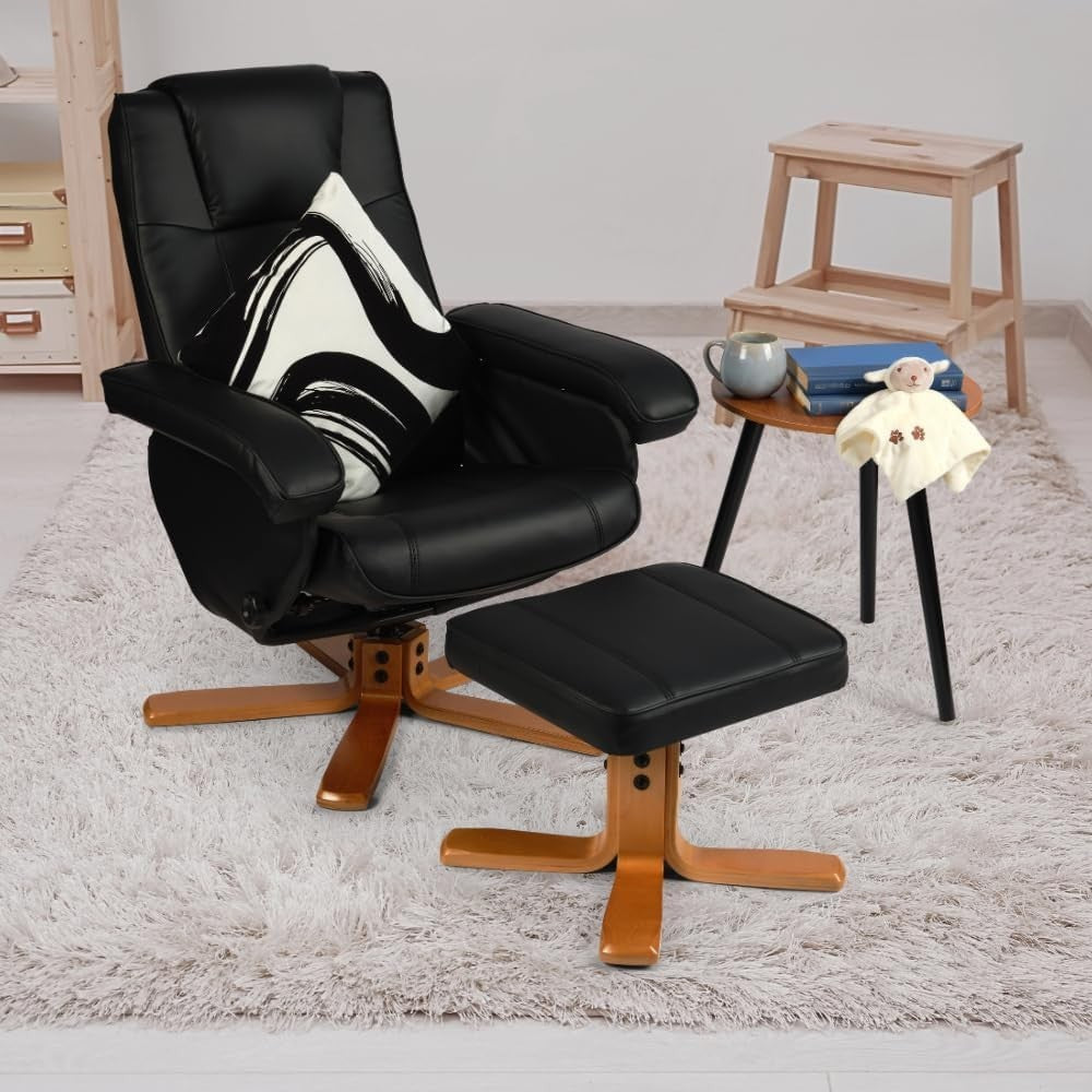 Recliner Armchair w/ Footstool Faux Leather Swivel Lounge Chair Black