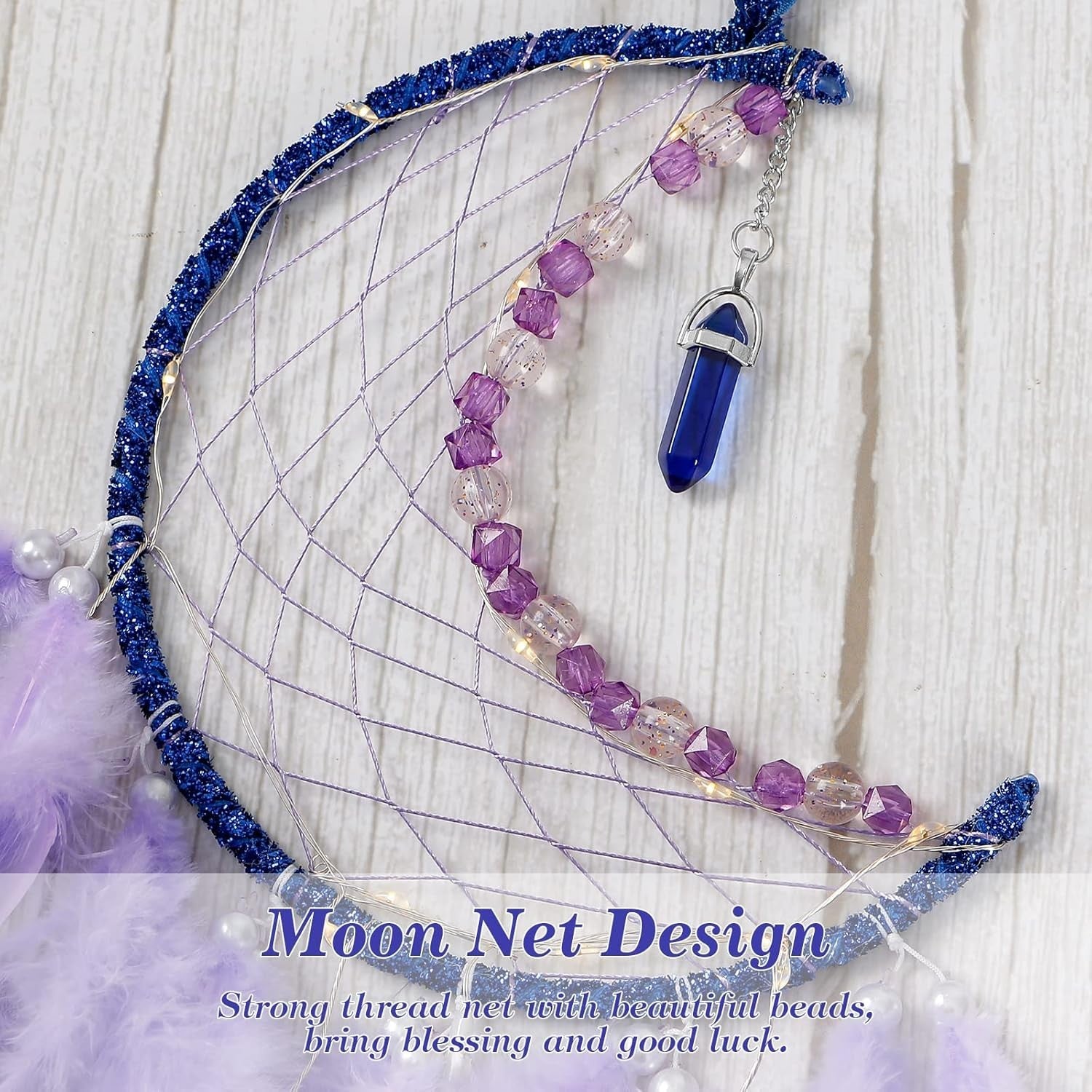 Boho Moon Dream Catcher Purple Feathers Fairy Lights Wall Decor