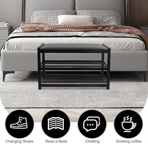3 Tier Shoe Rack Bench with Cushion Seat Carbon Steel Entryway Storage 65cm