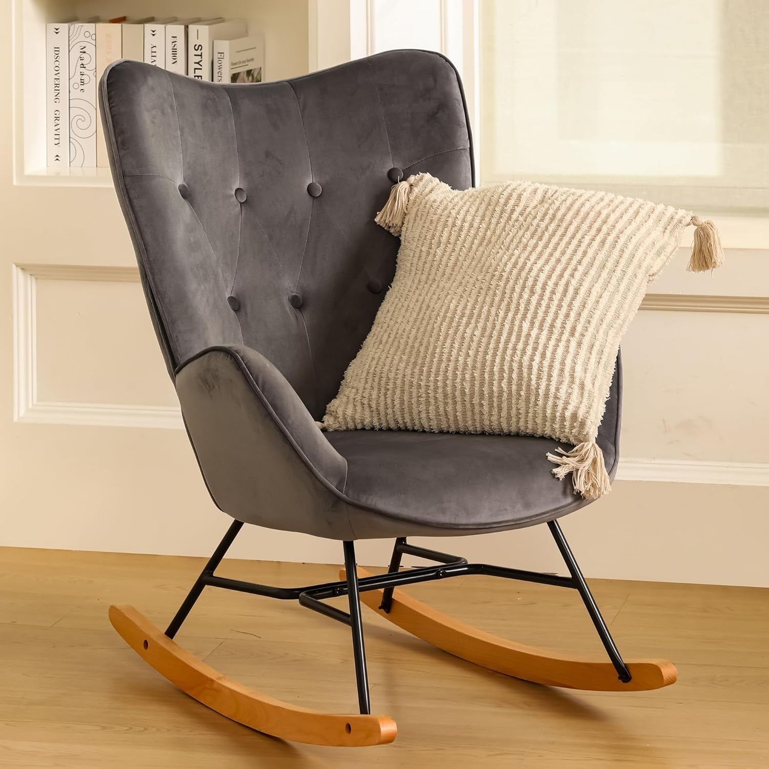 Velvet Rocking Chair Grey High Back Comfy Armchair for Lounge Nursery