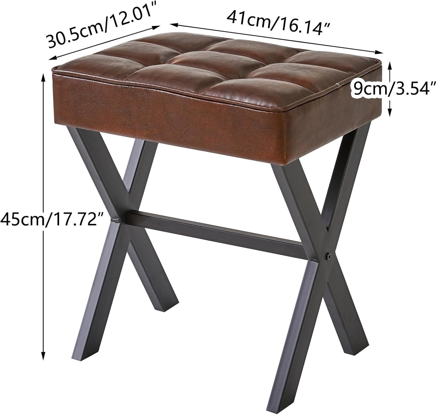 Square PU Makeup Stool with X-Leg Design – Compact Vanity Footrest (Dark Brown)