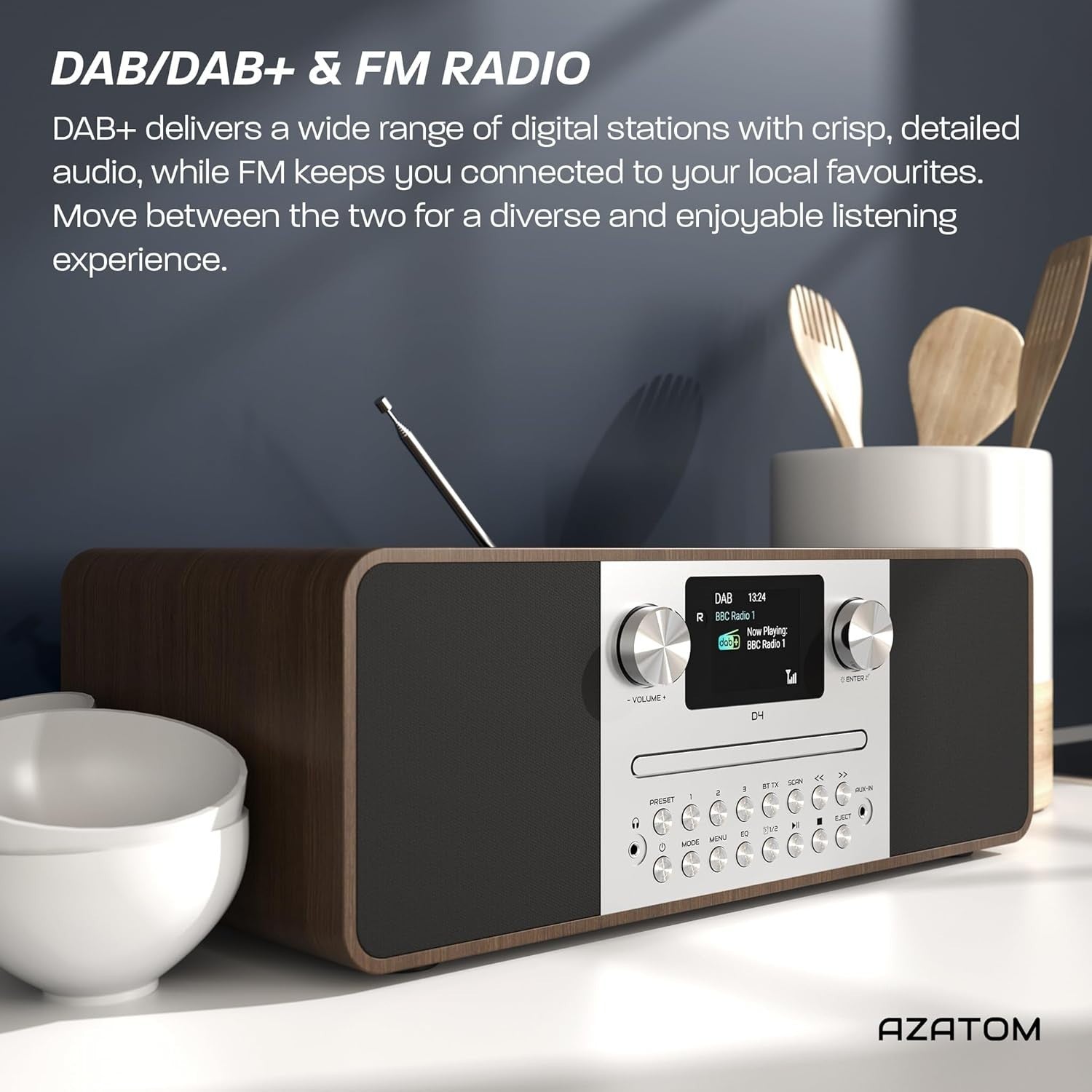 DAB/DAB+ FM Radio CD Player Bluetooth USB 60W Walnut Home Audio