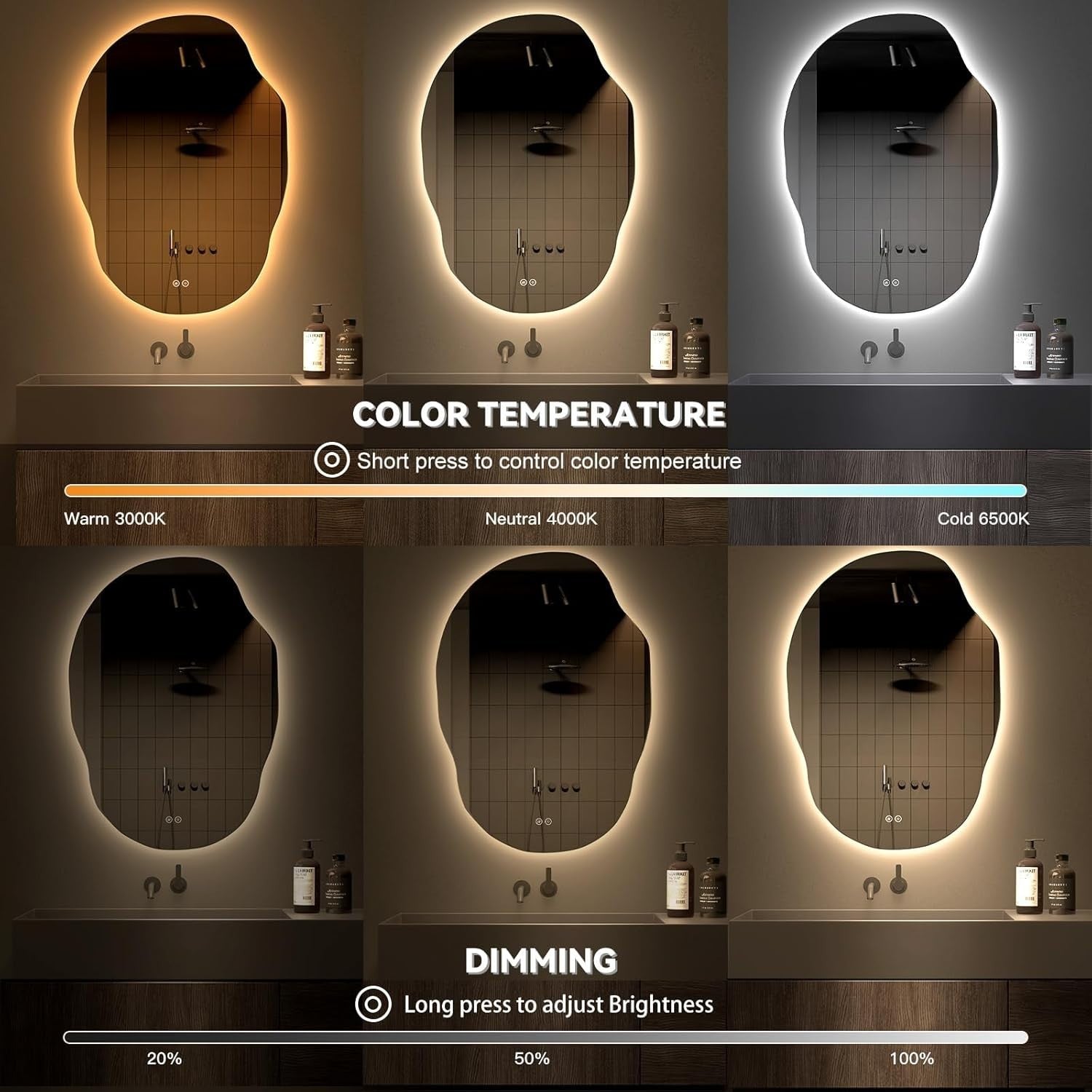 LED Bathroom Mirror 910x650mm Anti-Fog Asymmetric Backlit 3-Color
