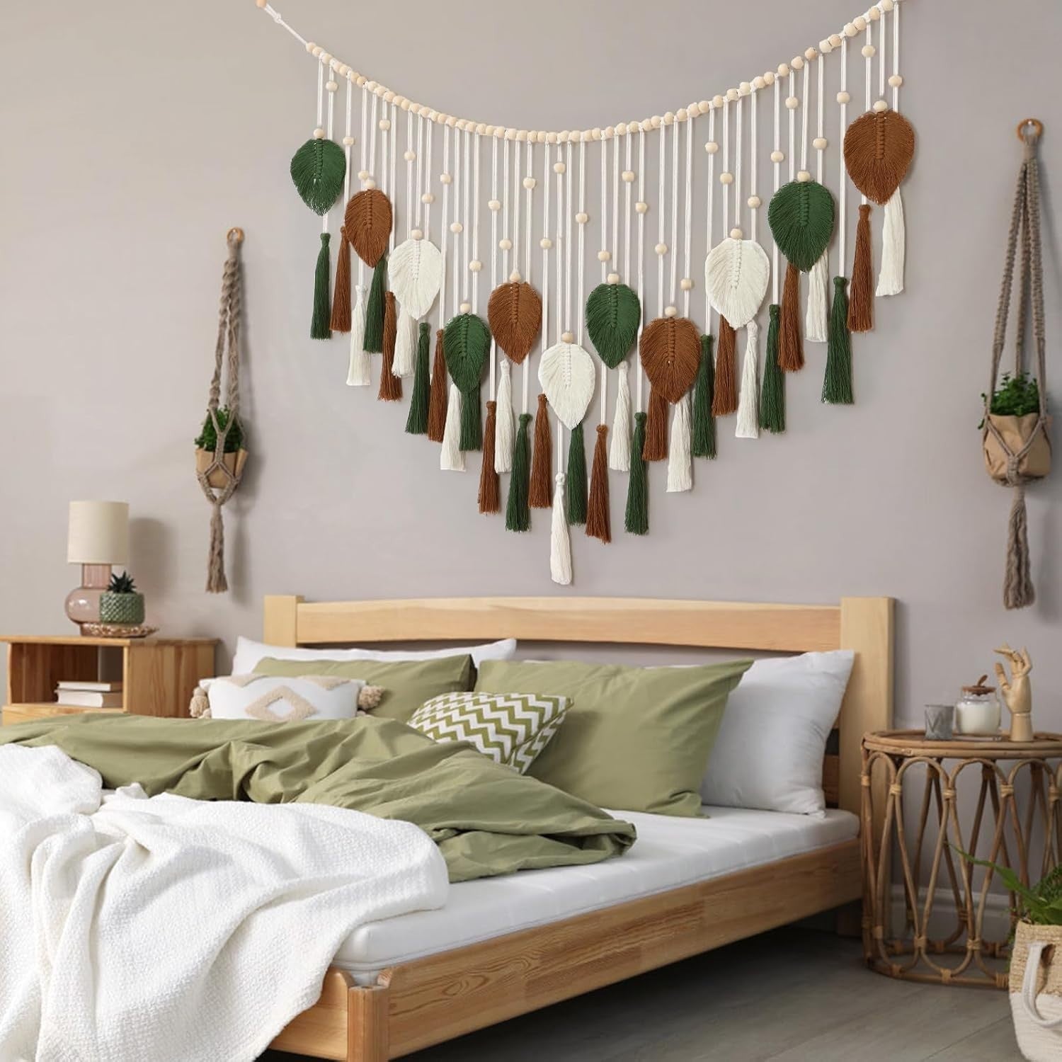 Large Brown Green Macrame Wall Hanging Leaf Tassel Boho Decor