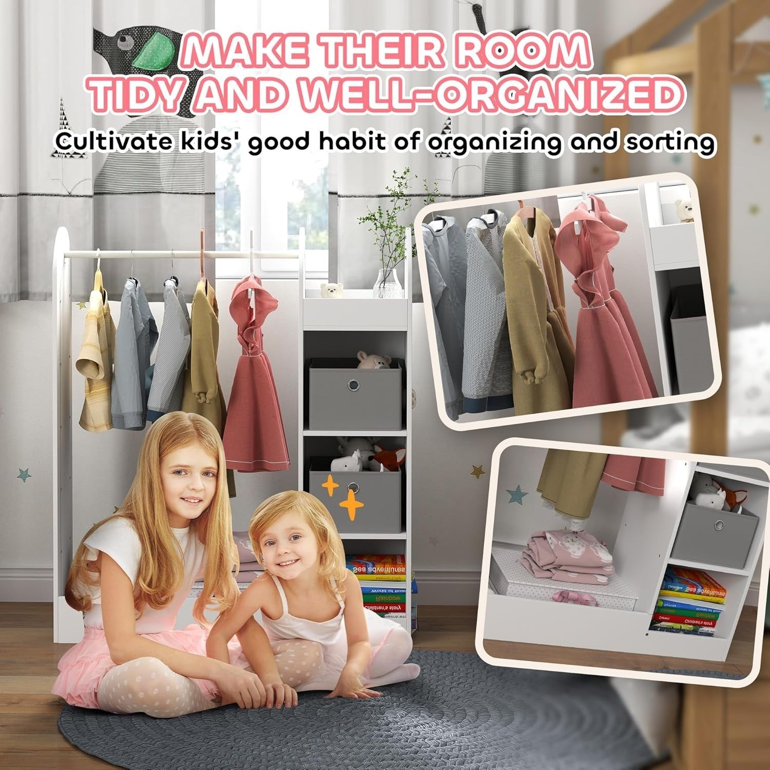 Kids Wardrobe with Mirror & Boxes, Dress Up Rail White