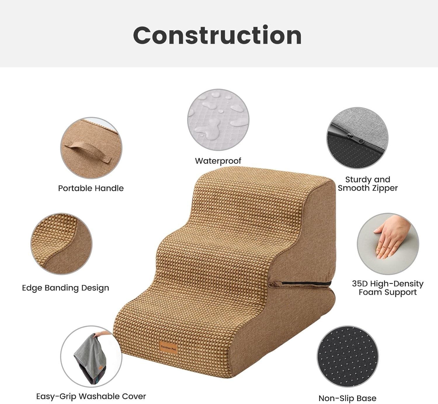 Adjustable 3 Step Dog Stairs Pet Ramp Non Slip Washable Brown