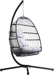 Foldable Rattan Hanging Egg Chair with Stand – Indoor Outdoor Swing Seat