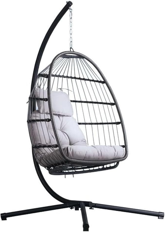 Foldable Rattan Hanging Egg Chair with Stand – Indoor Outdoor Swing Seat