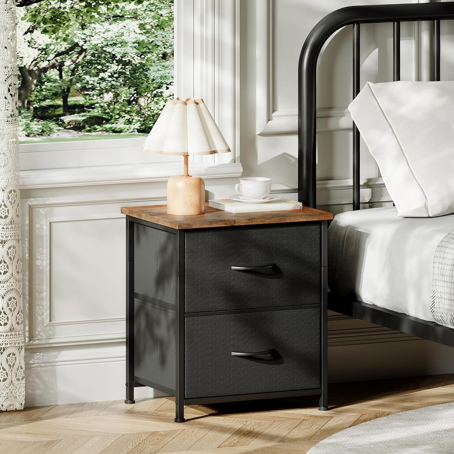 Black Bedside Tables Set of 2 with Fabric Drawers, Rustic Wood Top Nightstands