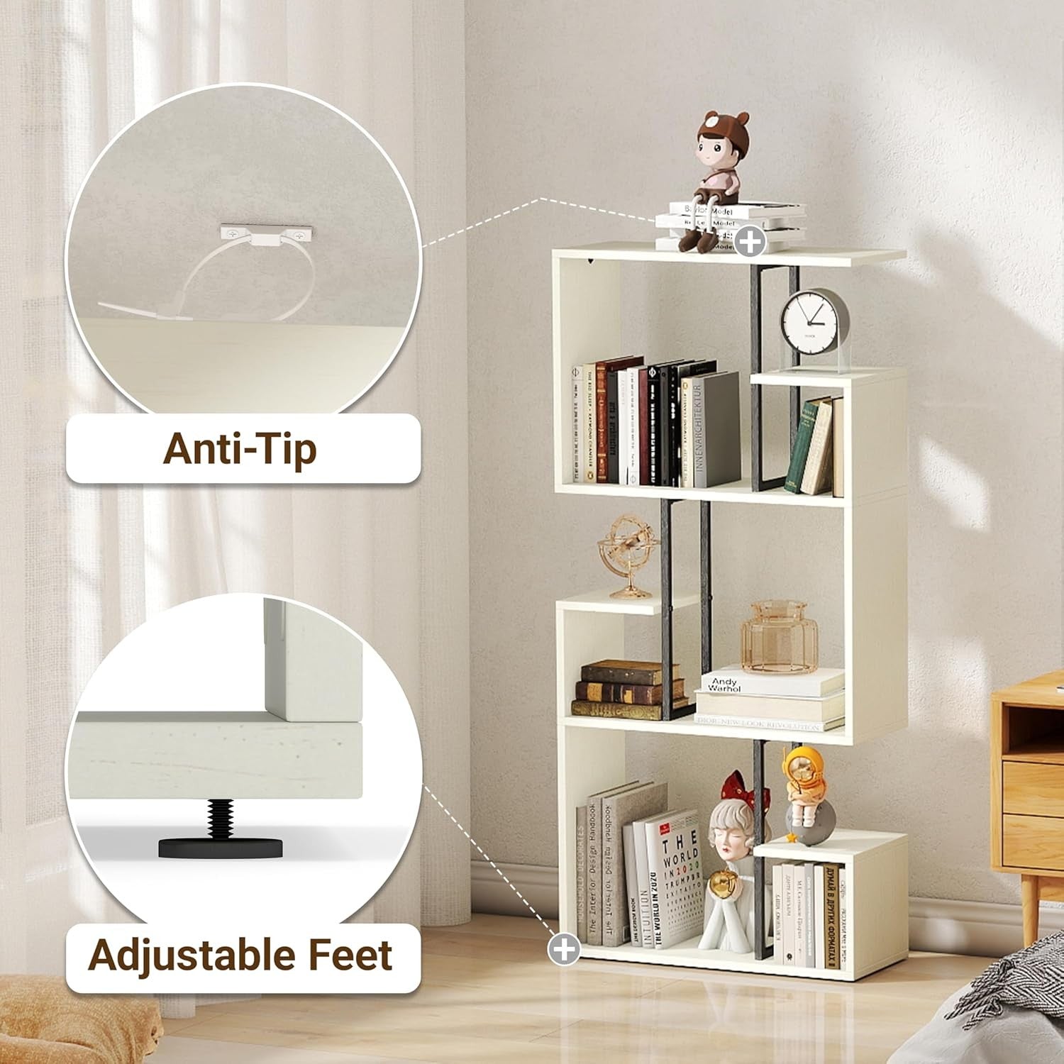 White 3-Tier Slim Bookcase Room Divider, Asymmetric Display Storage Shelf