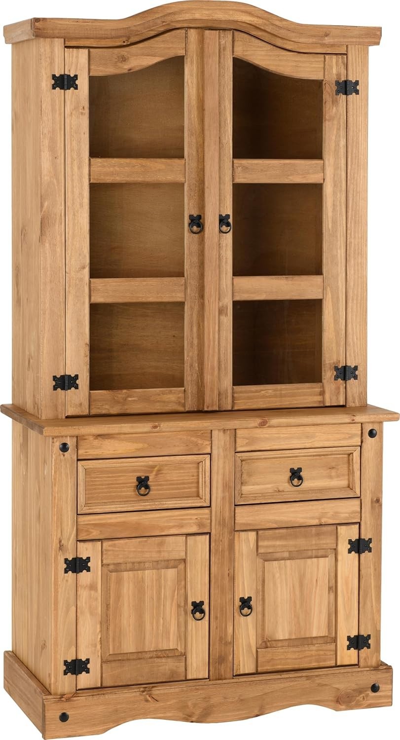 Rustic Pine Buffet Hutch 3 Ft 2 Doors 2 Drawers Glass 193H
