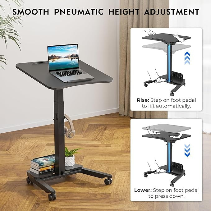 Mobile Standing Desk Adjustable Height Rolling Laptop Table 60x52cm Black